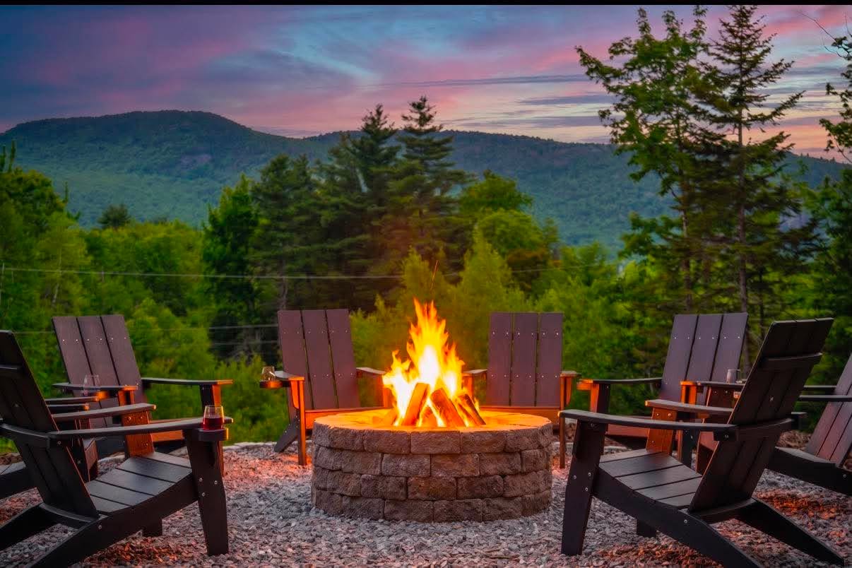 Mountain-view fire pit at golden hour